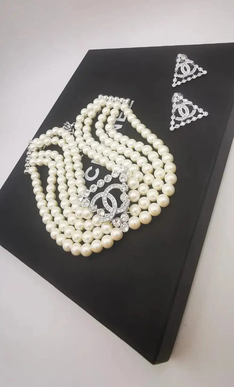 Modern Multi Strand Pearl Crystal Cc Logo Statement Necklace - view 4