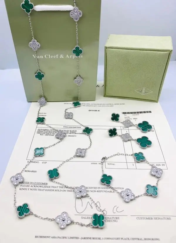 Elegant White Mother of Pearl Diamond Clover Necklace Bracelet Set - view 11
