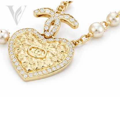 Chanel Quilted Heart CC Logo Station Necklace - Pearl – View 3