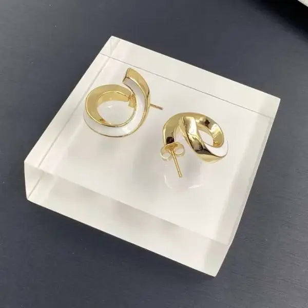 Polished Twisted Hoop Earrings Gold Finish Ivory Enamel - view 4