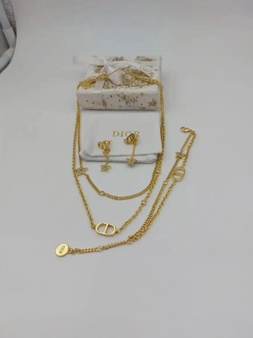 Minimal-Luxe Star Multi Layer Necklace Earrings Set Gold Finish Metal - view 4