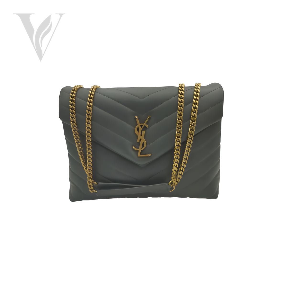 Saint Laurent Loulou Golden Logo Chain Bag - Grey