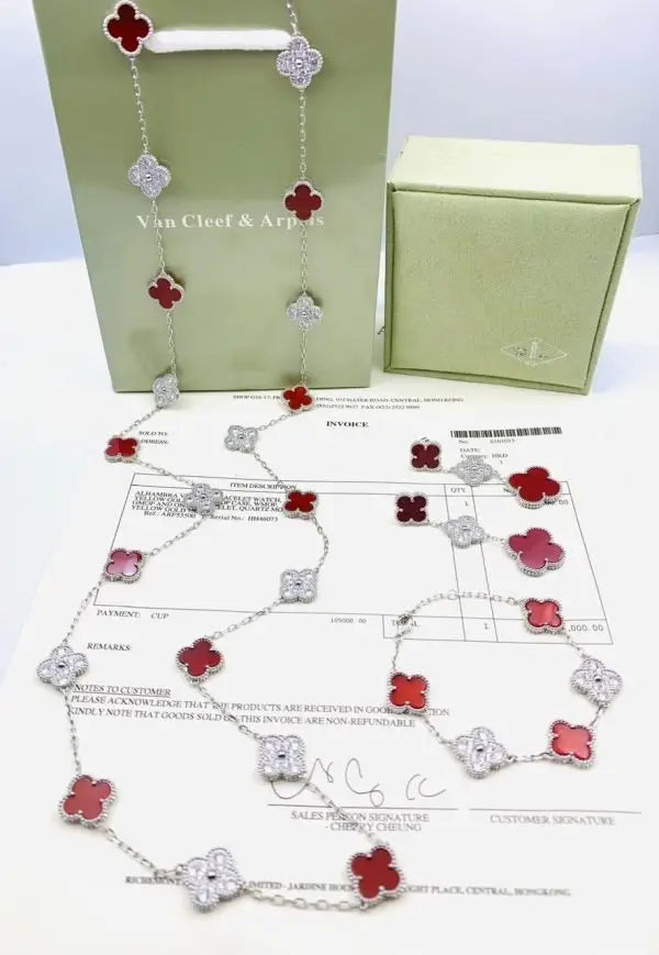 Elegant White Mother of Pearl Diamond Clover Necklace Bracelet Set - view 12