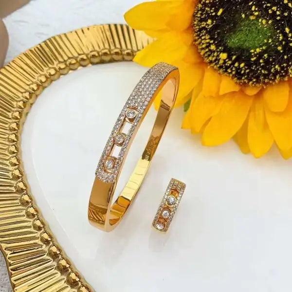 Polished Open Bangle Pavé Bangle Ring Set White Gold Diamonds - view 5