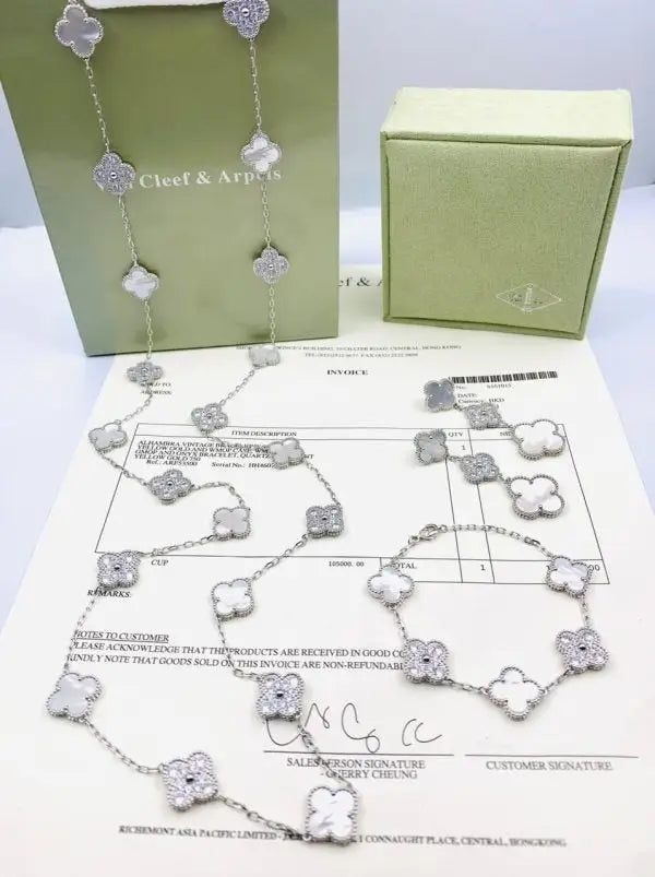 Elegant White Mother of Pearl Diamond Clover Necklace Bracelet Set - view 9