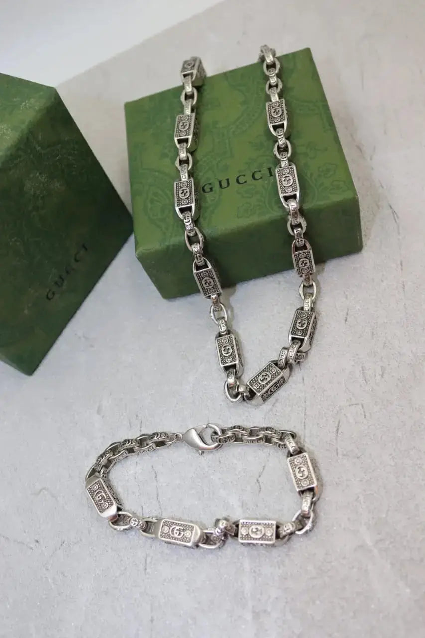 Timeless Barrel Link Chain Necklace Bracelet Set Si Er - view 4