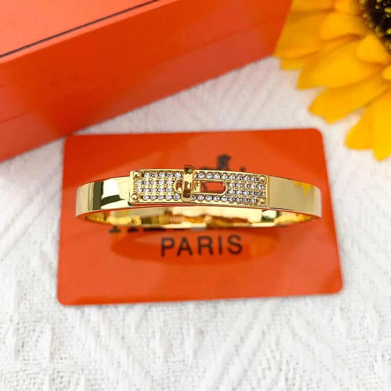 Polished Structured Top-Handle Bangle Bracelet Gold Full Crystals - view 4