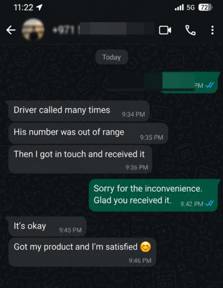 WhatsApp message from Verified customer