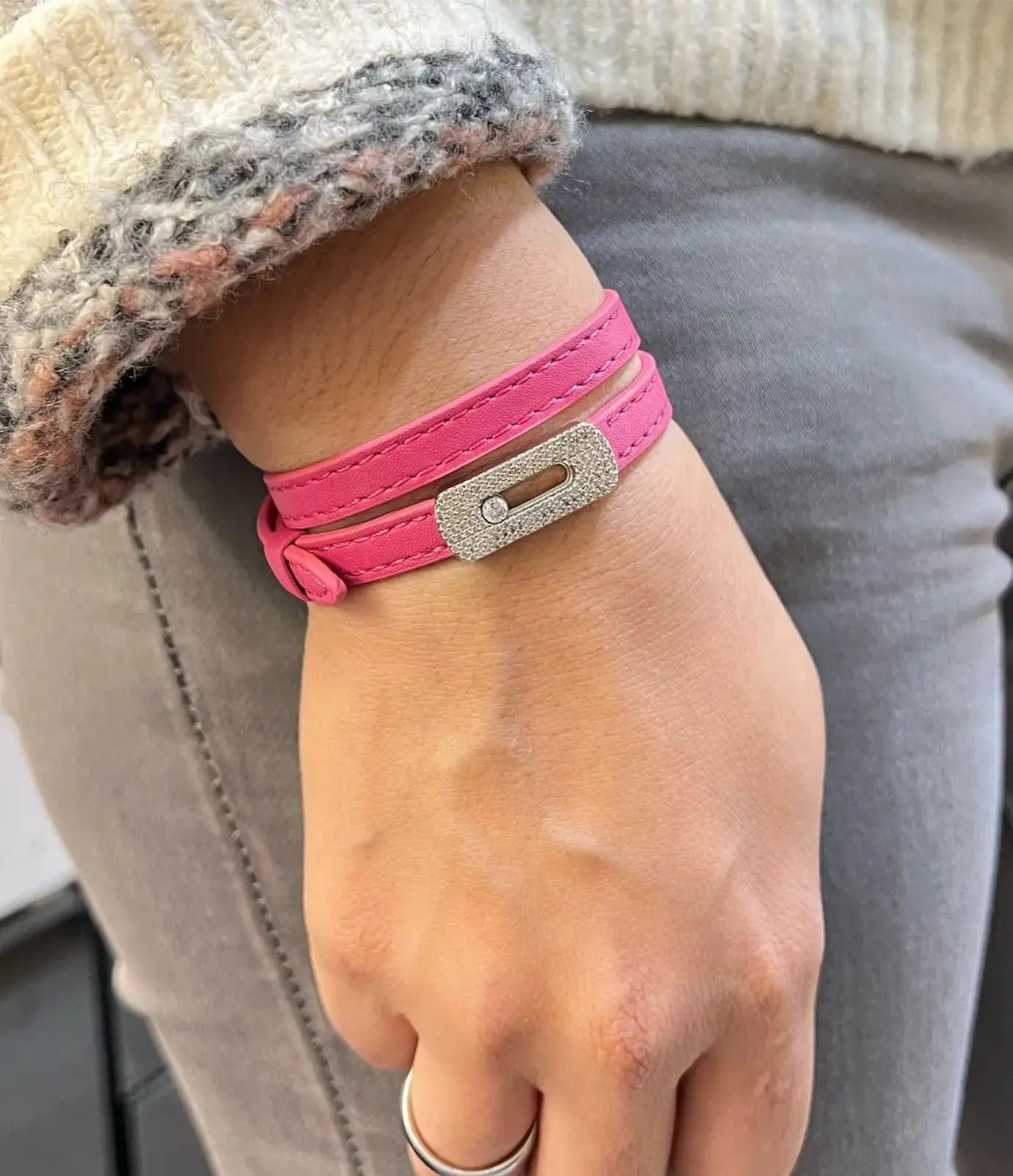Sophisticated Leather Double Wr Bracelet Pink Diamonds - view 4