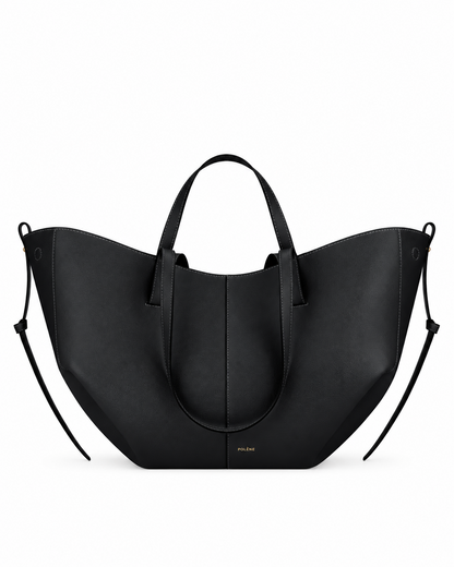 Polène Cyme textured leather tote in Black with Ecru Stitching