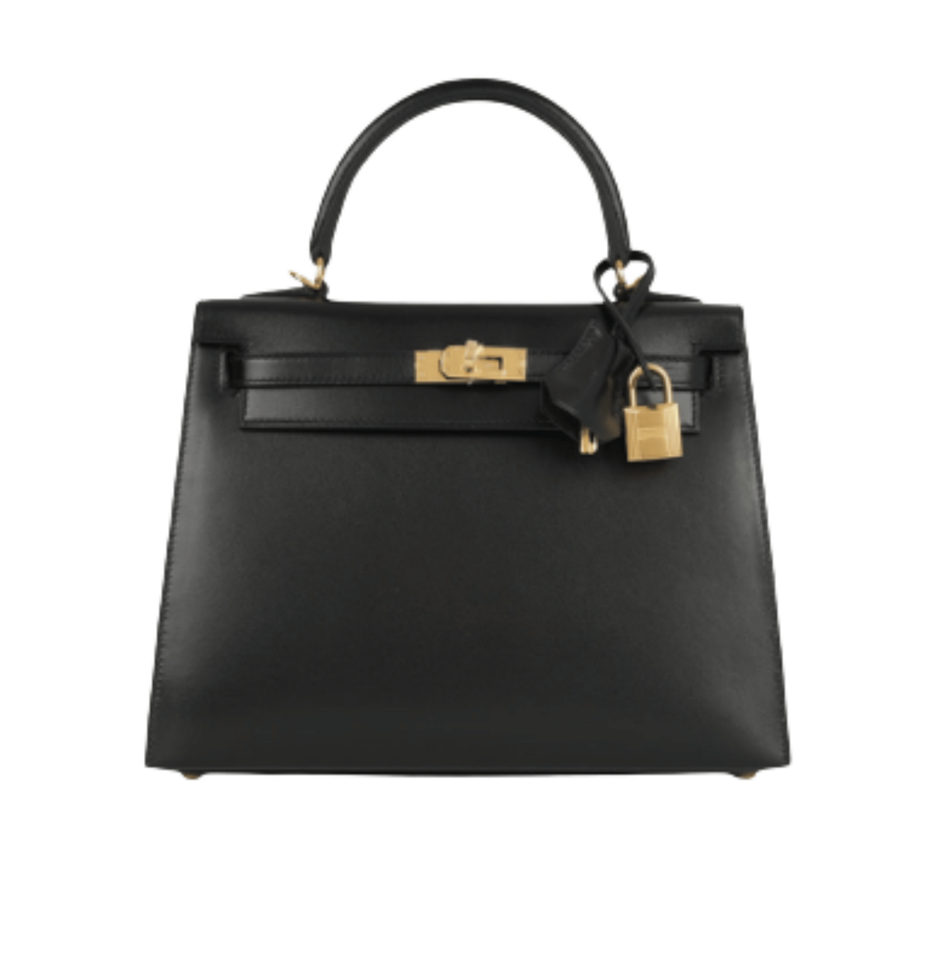Modern Structured Top-Handle 28 Sellier Handbag in Black Box Calfskin Leather with Gold Hardware