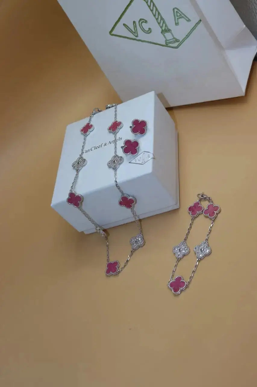 Modern Red Clover Diamond Necklace and Bracelet Set - view 4