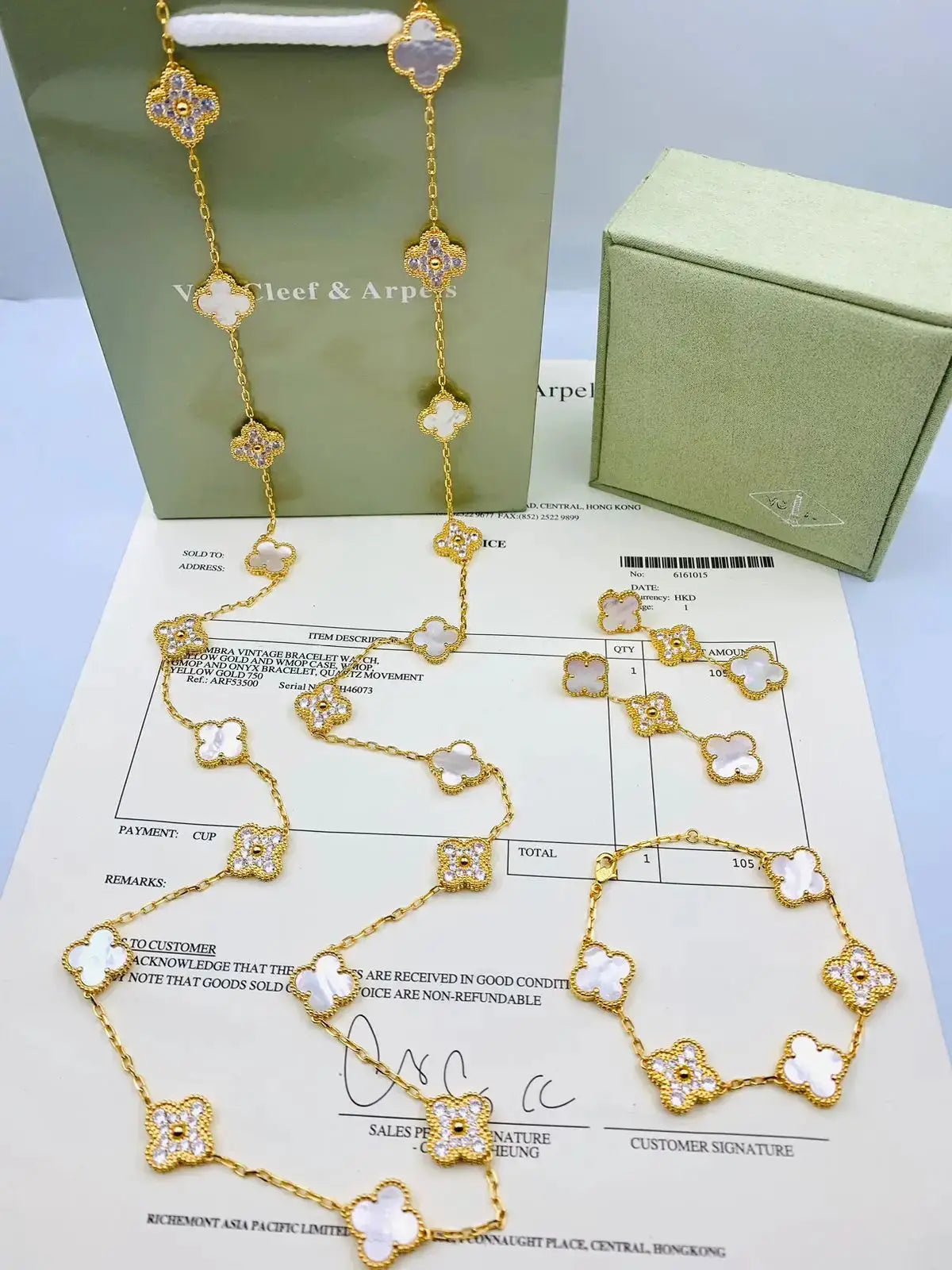 Elegant White Mother of Pearl Diamond Clover Necklace Bracelet Set - view 4